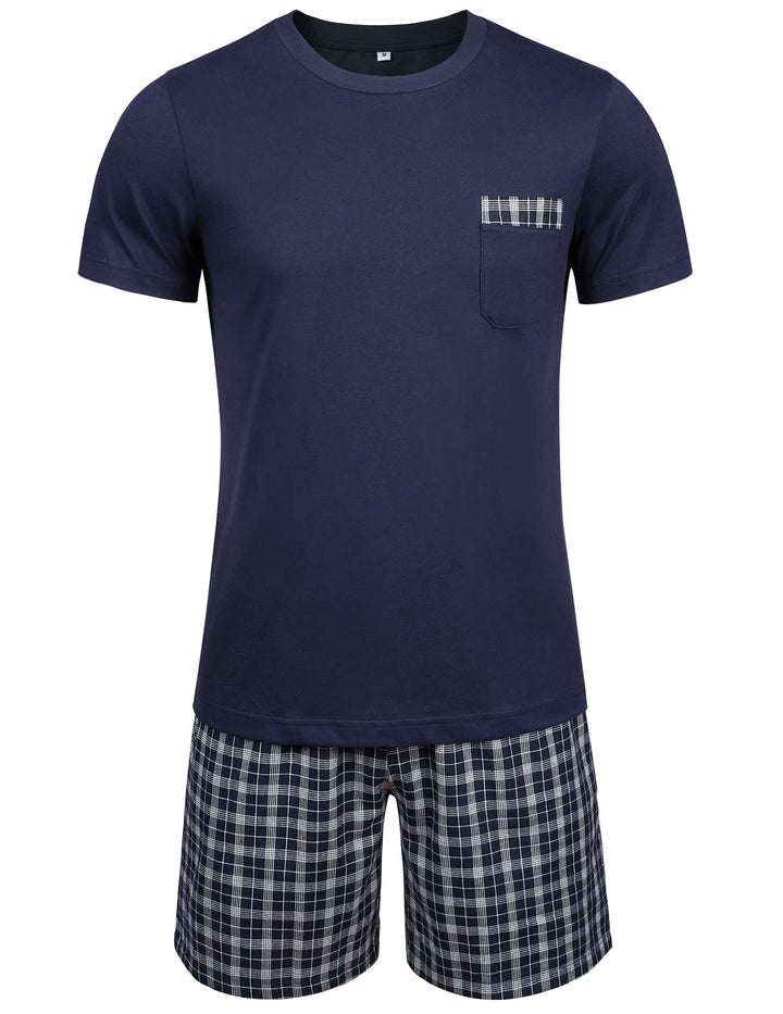 Schlafanzug Herren Kurz Pyjama 100% Baumwolle Kurzarm Nachtwäsche Nightwear Set mit Rundhals Design