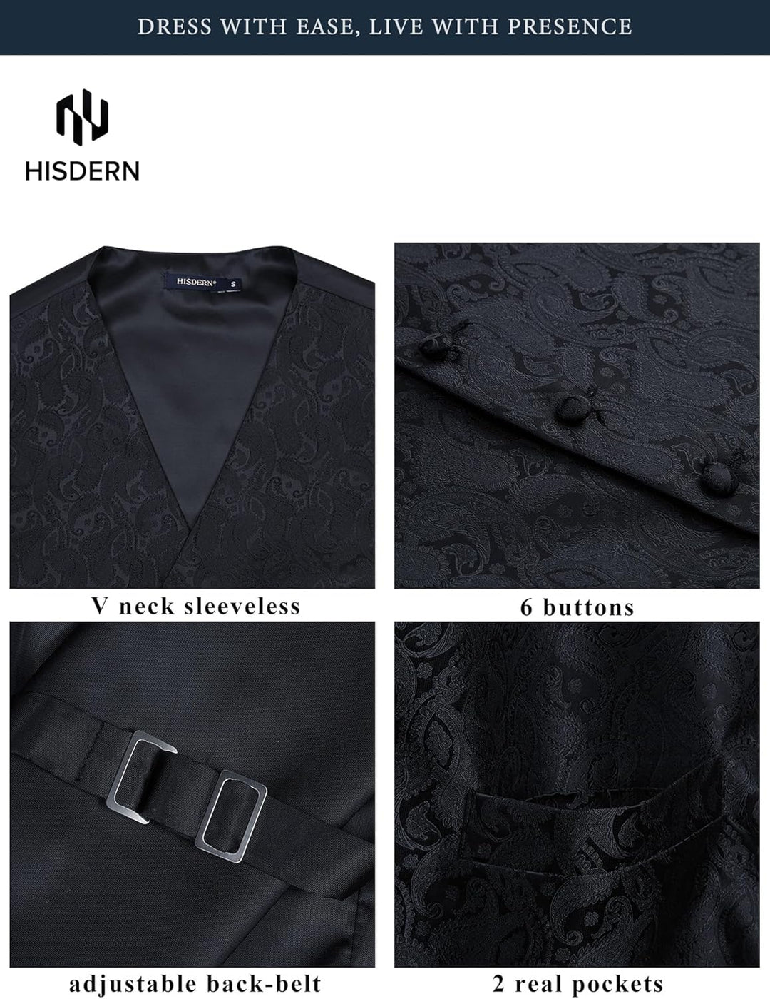 HISDERN Herren FLoral Hochzeit Weste Krawatte Einstecktuch Taschentuch Jacquard Weste Anzug Set XL S
