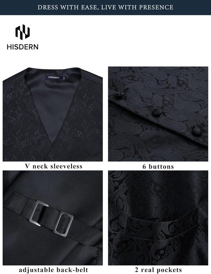 HISDERN Herren FLoral Hochzeit Weste Krawatte Einstecktuch Taschentuch Jacquard Weste Anzug Set XL S