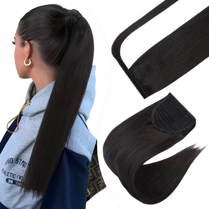 Elailite Ponytail Extension Echthaar #1B Naturschwarz, Haarverlängerung Zopf Haarzopf Pferdeschwanz