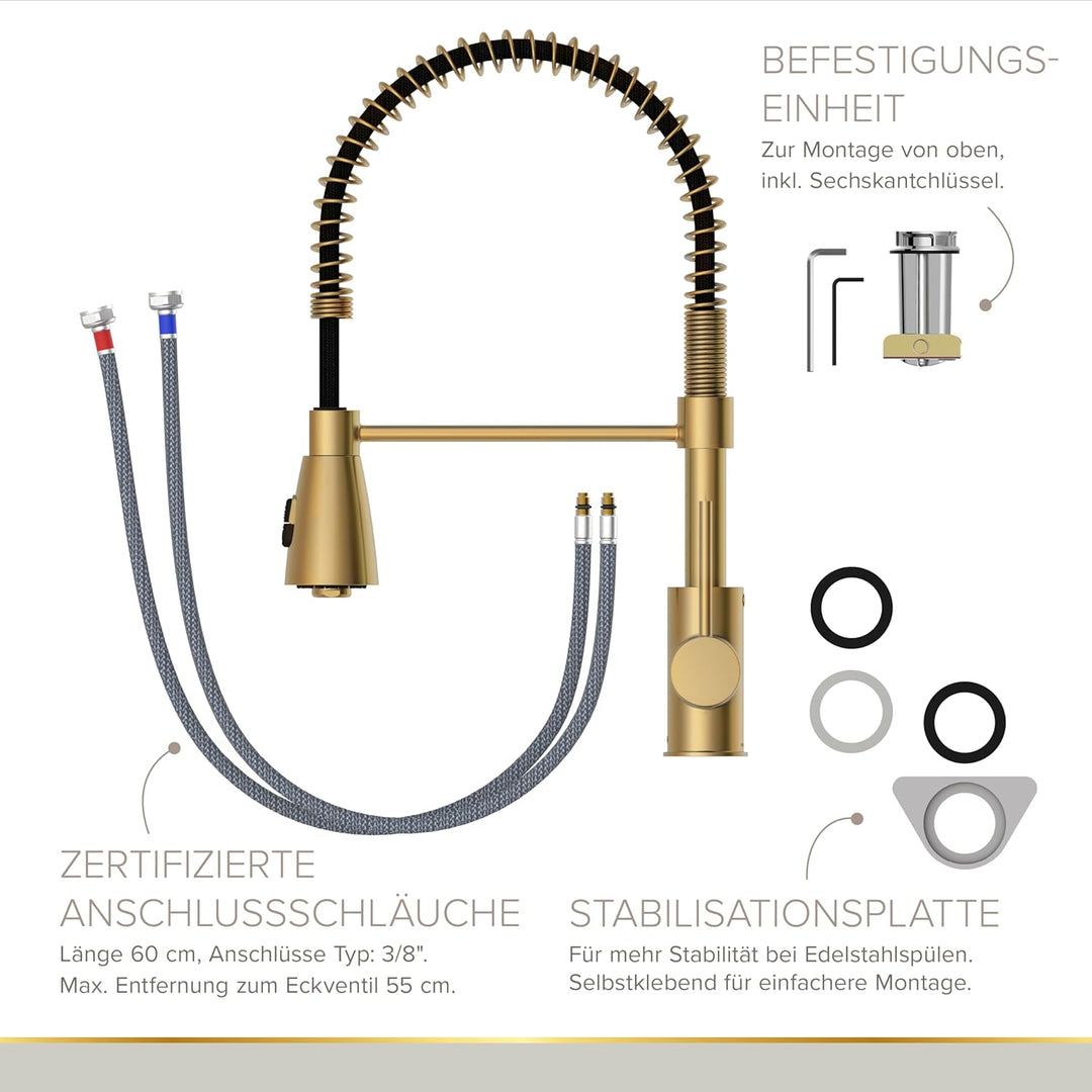 Lenz Küchenarmatur KALANI² in Gold-Optik – Pendelbrause mit 2 Strahlarten & 360° schwenkbarer Bogena