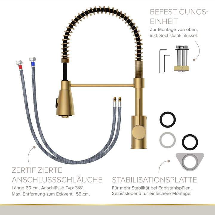 Lenz Küchenarmatur KALANI² in Gold-Optik – Pendelbrause mit 2 Strahlarten & 360° schwenkbarer Bogena