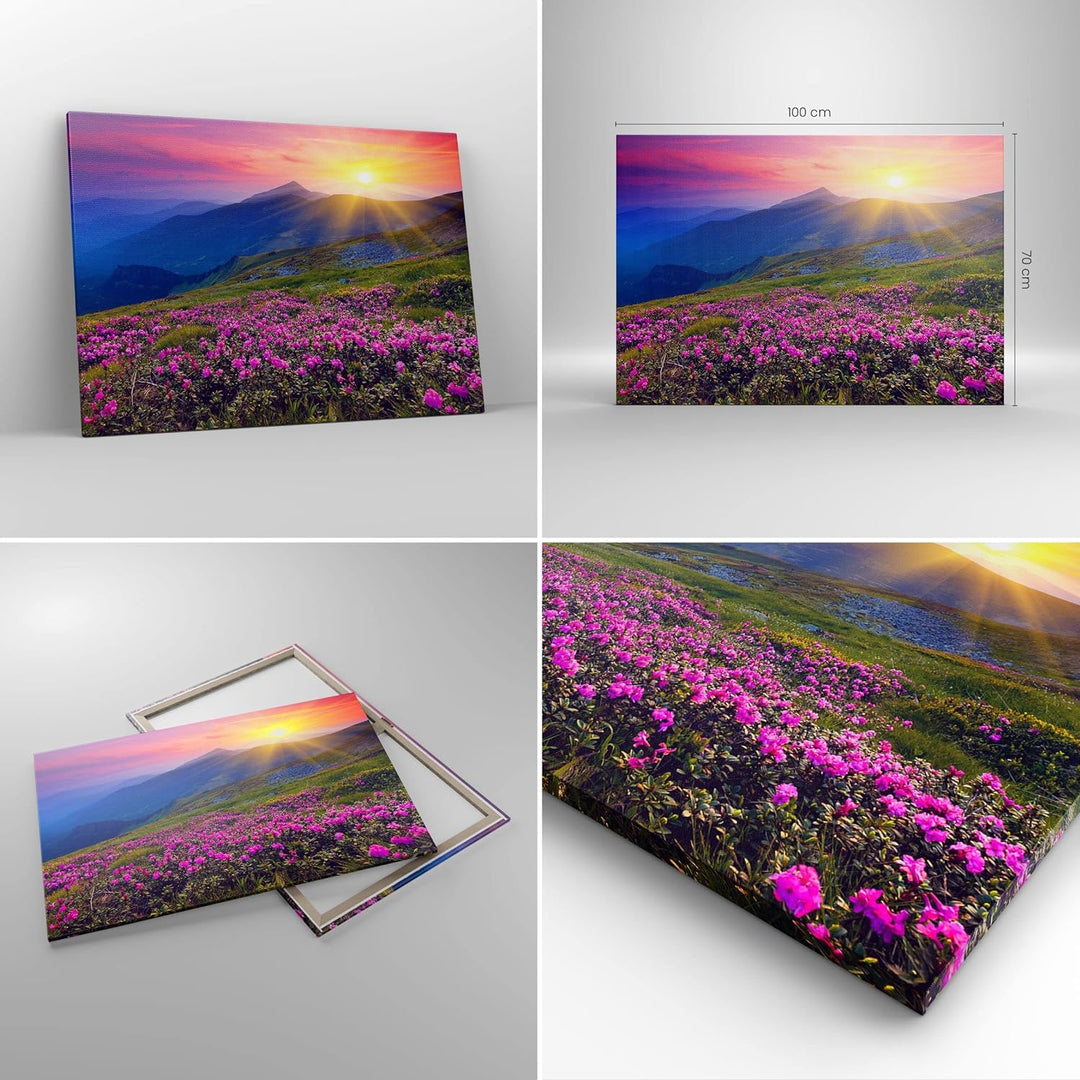 ARTTOR Bilder auf Leinwand 100x70cm Leinwandbild Wiese Berge Landschaft Gross Wanddeko Bild Schlafzi