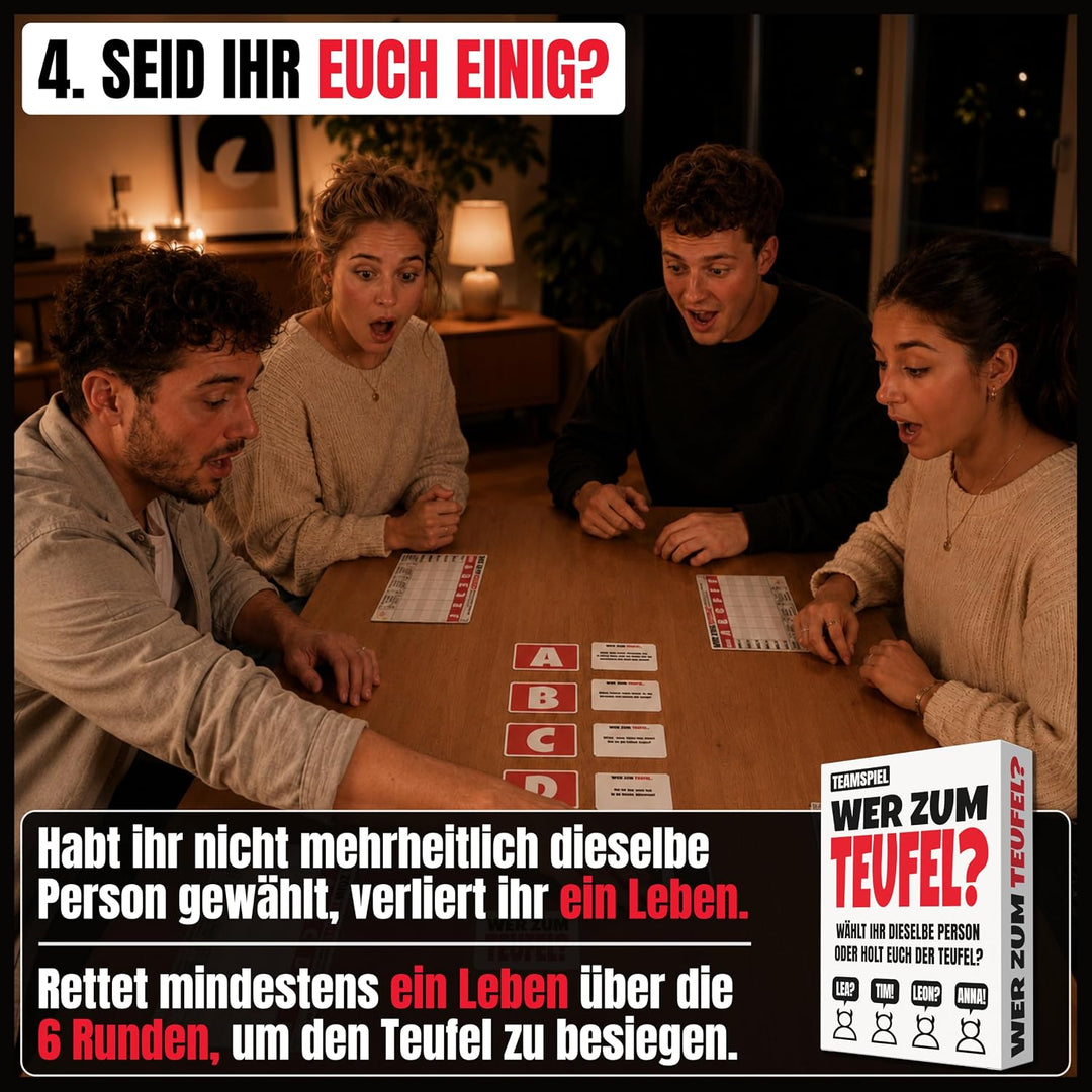 Wer zum Teufel – Kooperatives Partyspiel | Wer würde eher als Teamspiel | 3-6 Spieler ab 16 Jahren |