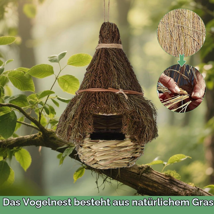 2 Stück Handgewebte Gras Vogelnester, Hängendes Vogelhaus, Vogelnest Hausgarten, Nisttaschen für Vög
