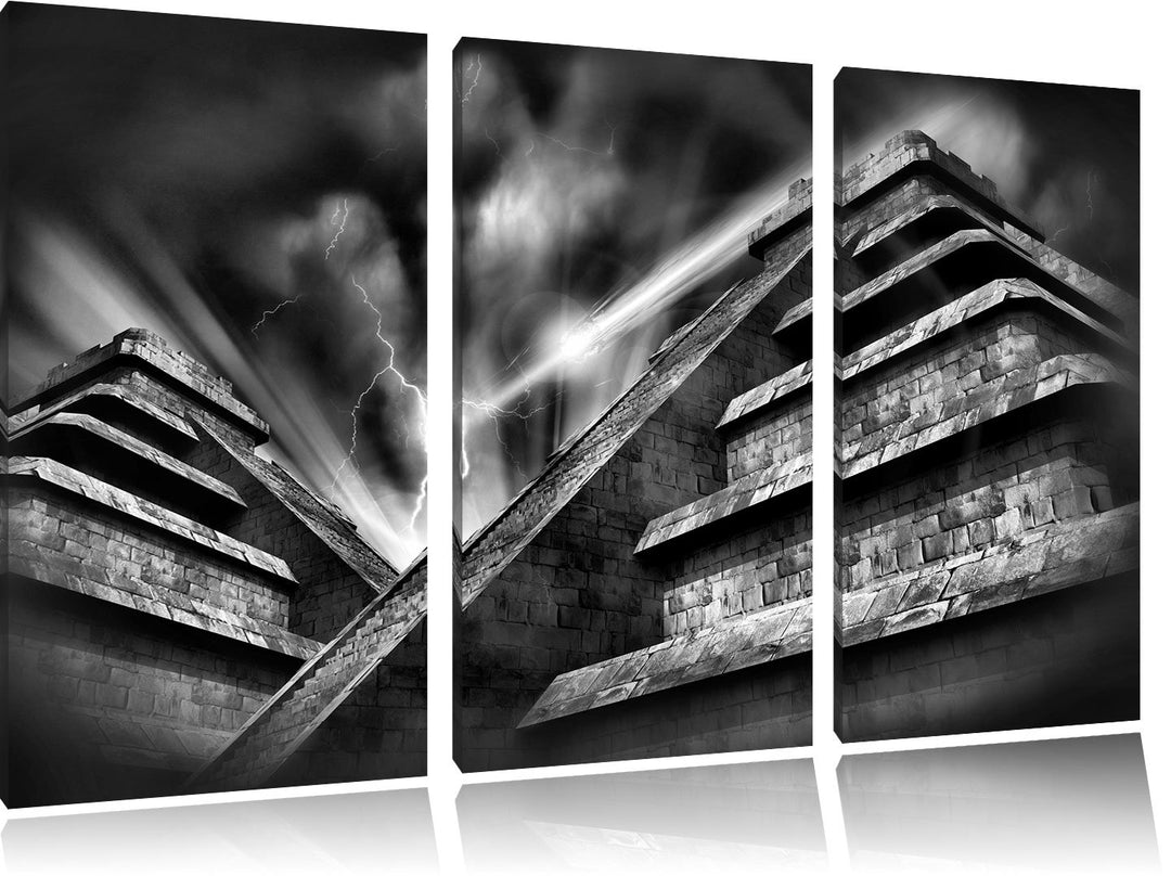 Pixxprint Monocrome, Majatempel bei Gewitter 3-Teiler Leinwandbild 120x80 Bild auf Leinwand
