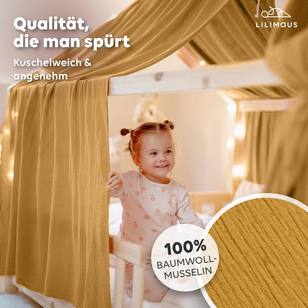 lilimaus Hausbett Himmel - 100% Baumwolle Betthimmel aus Musselin - Hausbett Deko - Geschenk Mädchen