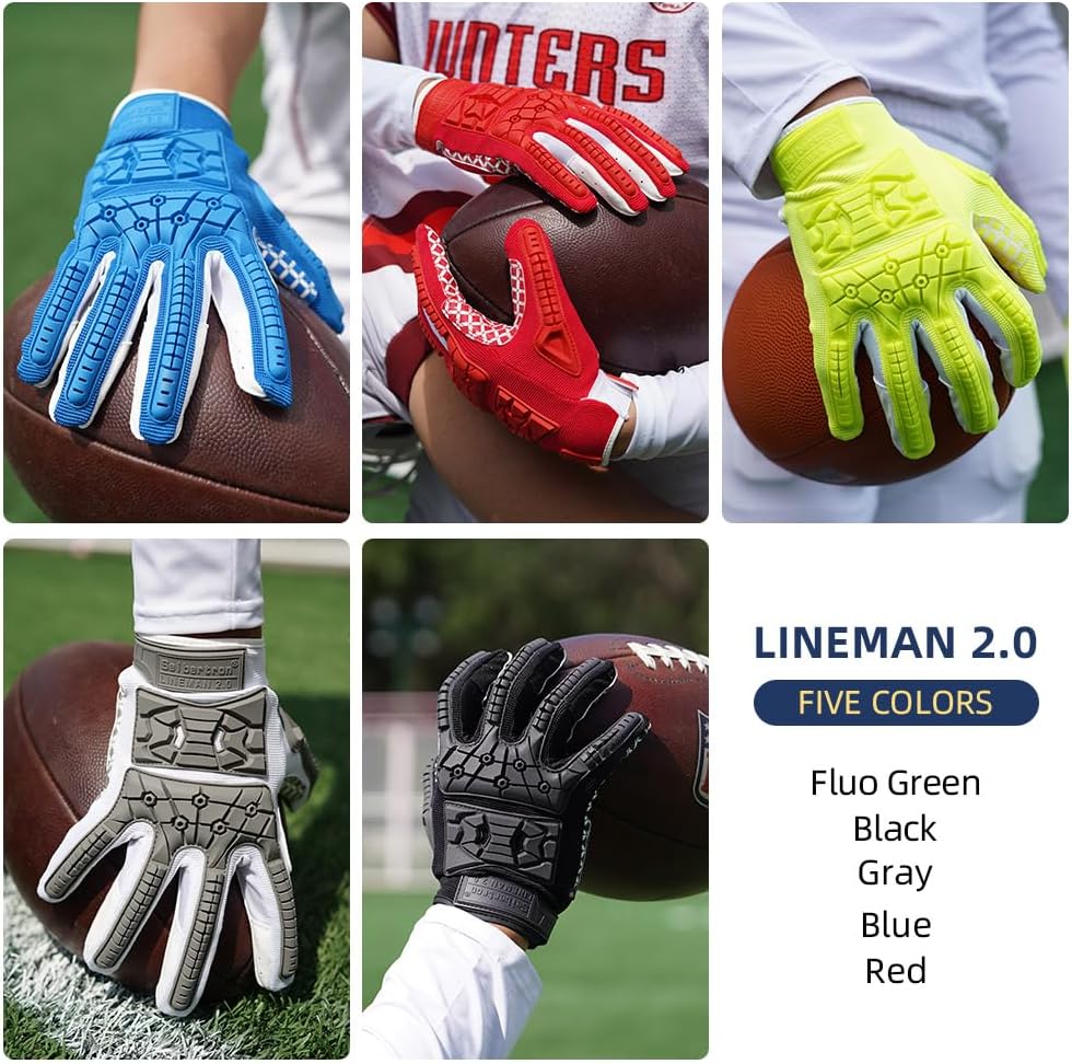 Seibertron Lineman 2.0 Padded Palm Football Receiver Gloves, Flexible TPR Impact Protection Back of