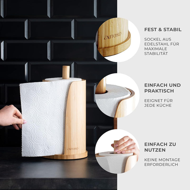 Exitoso Küchenrollenhalter aus Bambus | Küchenpapierhalter Holz für standard Küchenrollen, stehend |