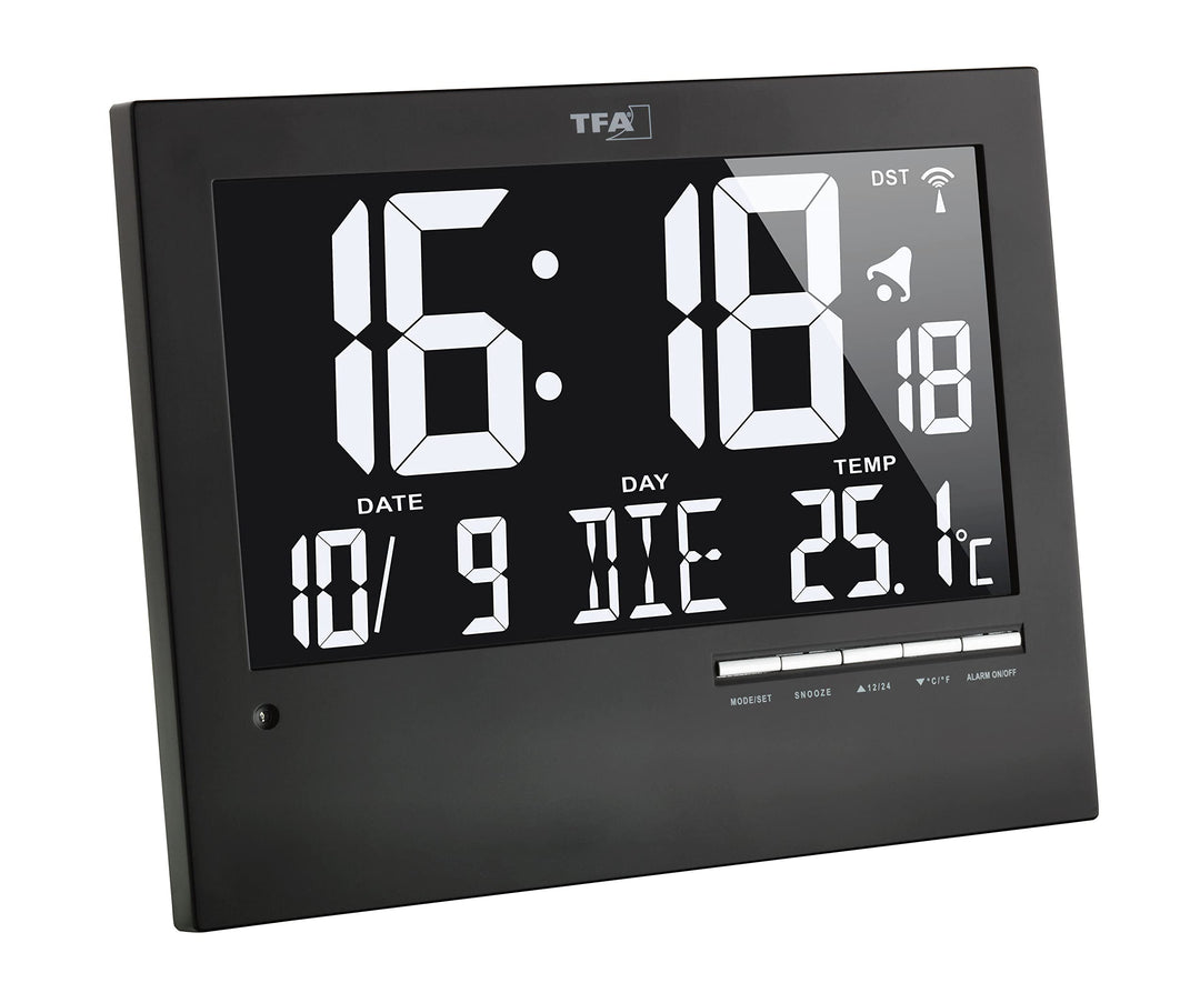 TFA Dostmann Digitale Funkuhr mit automatischer Hintergrundbeleuchtung, mit Innentemperatur, Datum,