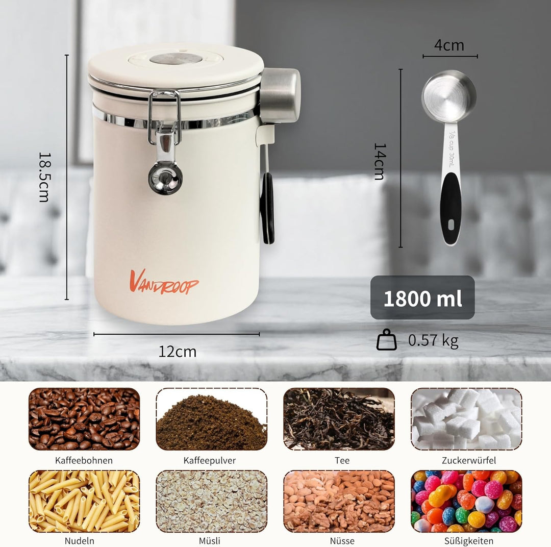 Kaffeedose Luftdicht aus Edelstahl 1800 ml Kaffeebohnen Behälter mit Messlöffel mit Datums Kaffedose