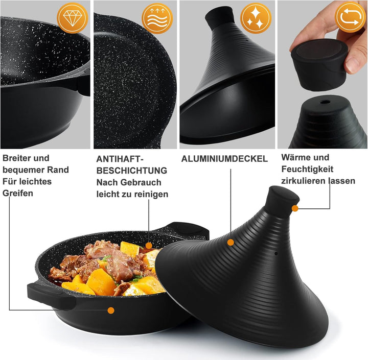 Scheffler Tajine Topf - Marokkanische Tagine 28cm Antihaftbeschichtung aus Aluminium mit kegelförmig