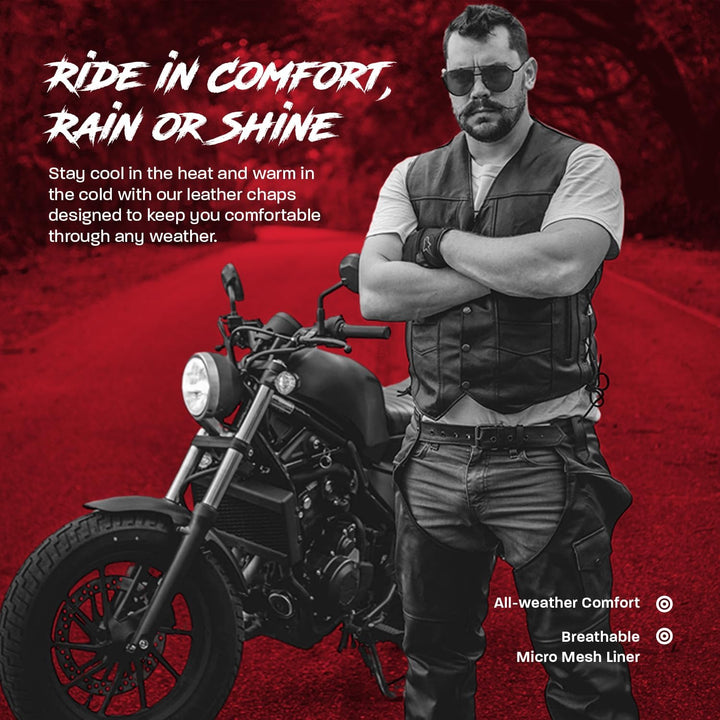 HWK Motorrad-Lederchaps für Damen und Herren, schwarze Motorradchaps für Strassenausschlagschutz und