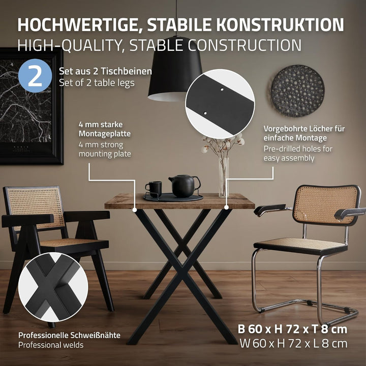 2er Set Tischbeine X-Design X-Form, 60 x 72 cm, Schwarz, pulverbeschichtete Stahl, Industriedesign,