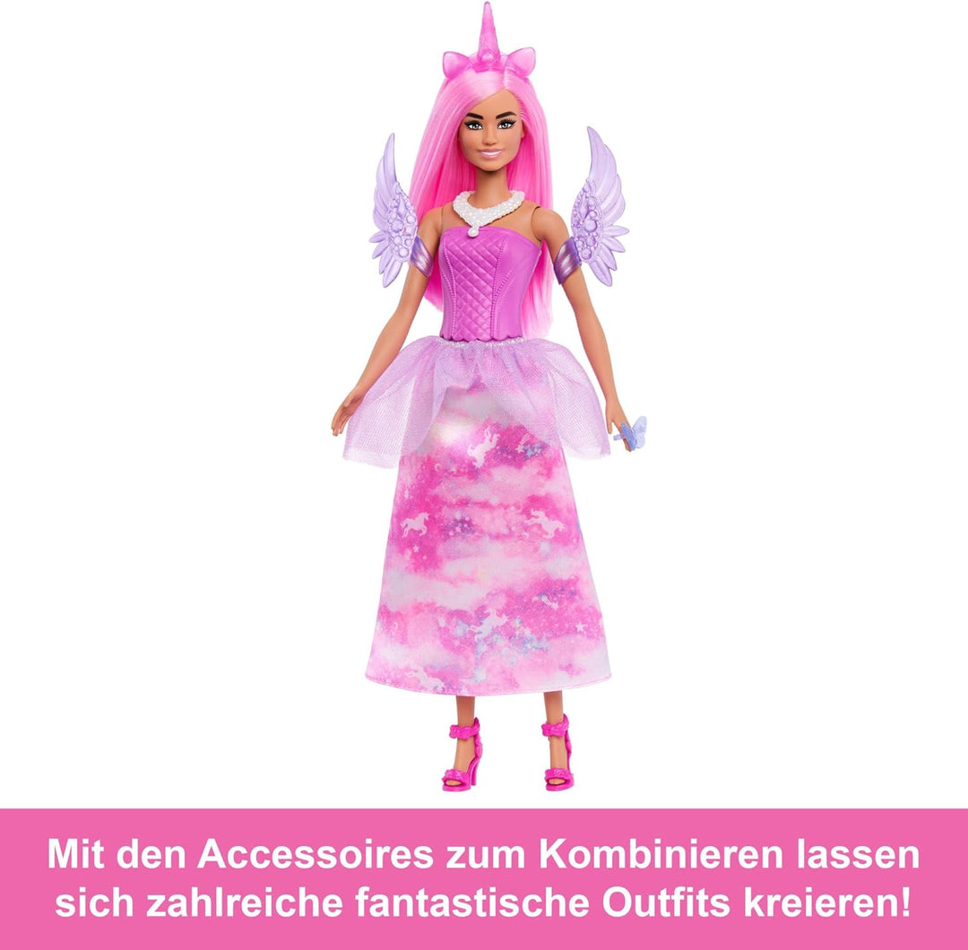 Barbie-Adventskalender mit Puppe und 24 Überraschungs-Accessoires mit Einhorn und Tieren, die Modepu