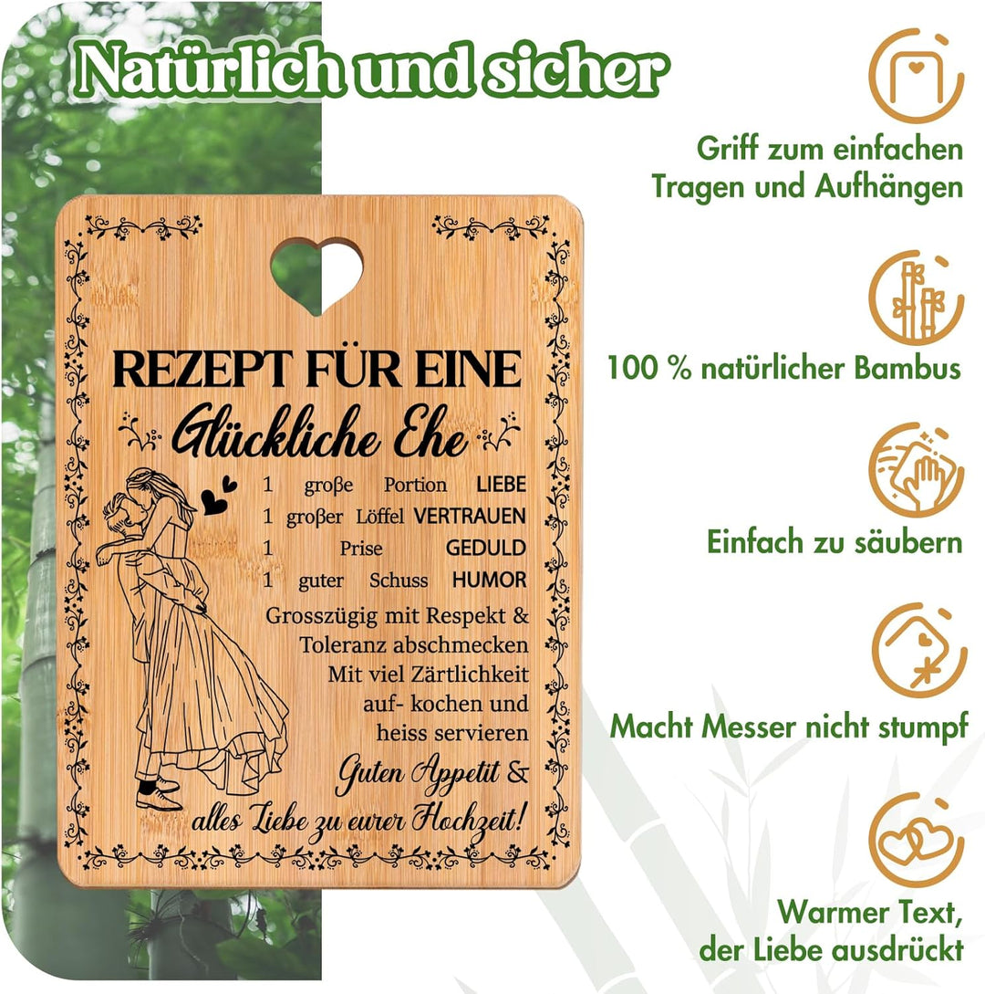 Hochzeitsgeschenke für Brautpaar, Hochzeitsgeschenk - Bambus Schneidebrett, “Rezept für eine Glückli