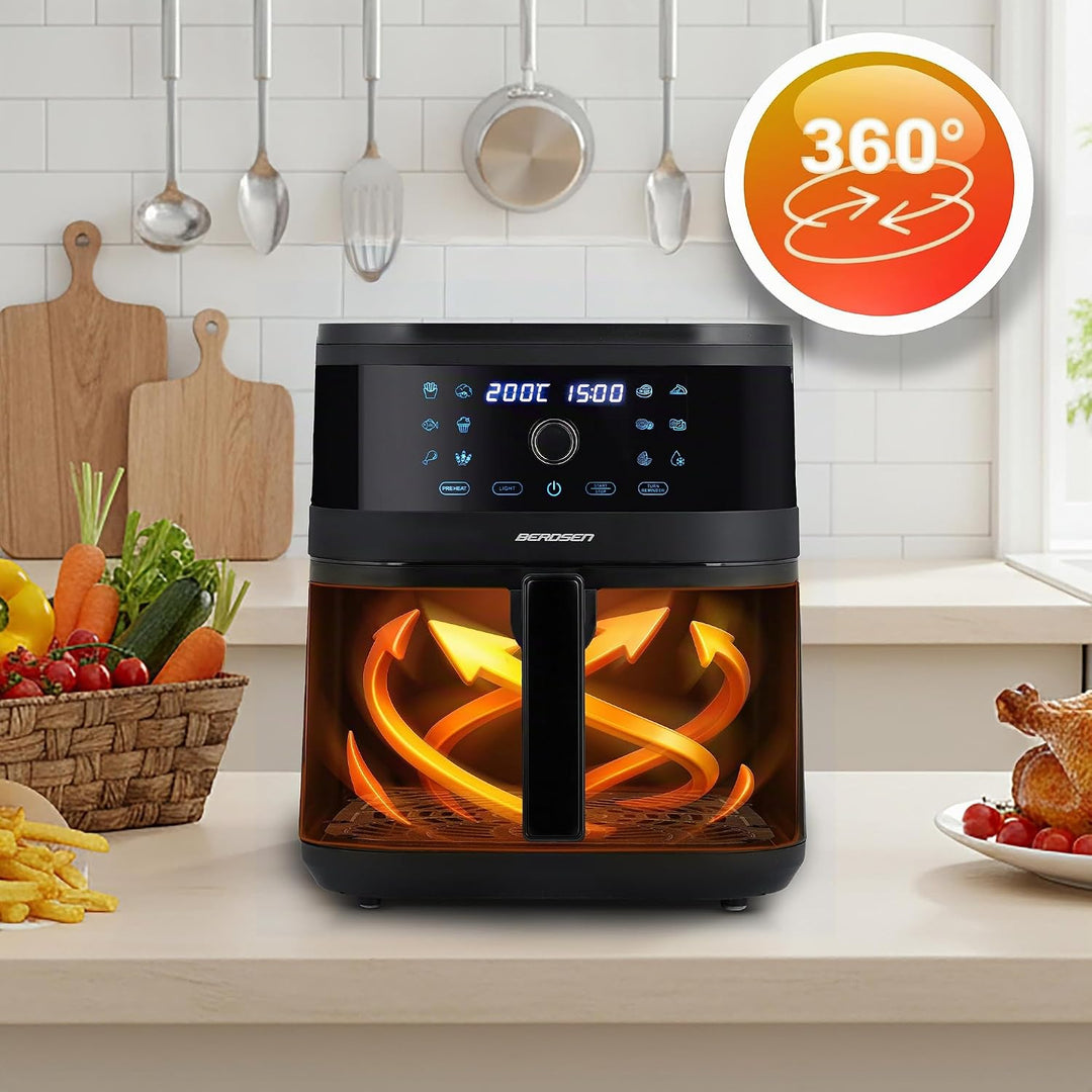 Berdsen Heissluftfritteuse XXL 8L - Airfryer mit Sichtfenster und Touchscreen - 1700W - 12 Programme
