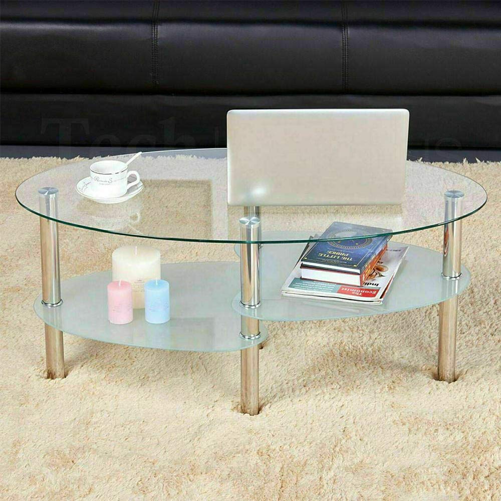 DDMINE Couchtisch, Gehärtetes Glas Wohnzimmertisch, Ovaler Couchtisch mit Rutschfesten Beinen und St