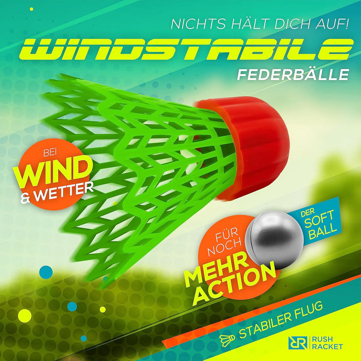 Rush Racket Set RS3 Speed Badminton Set 5-teilig (2X Schläger, 5X Federbälle, 1x Softball, 8X Feldma