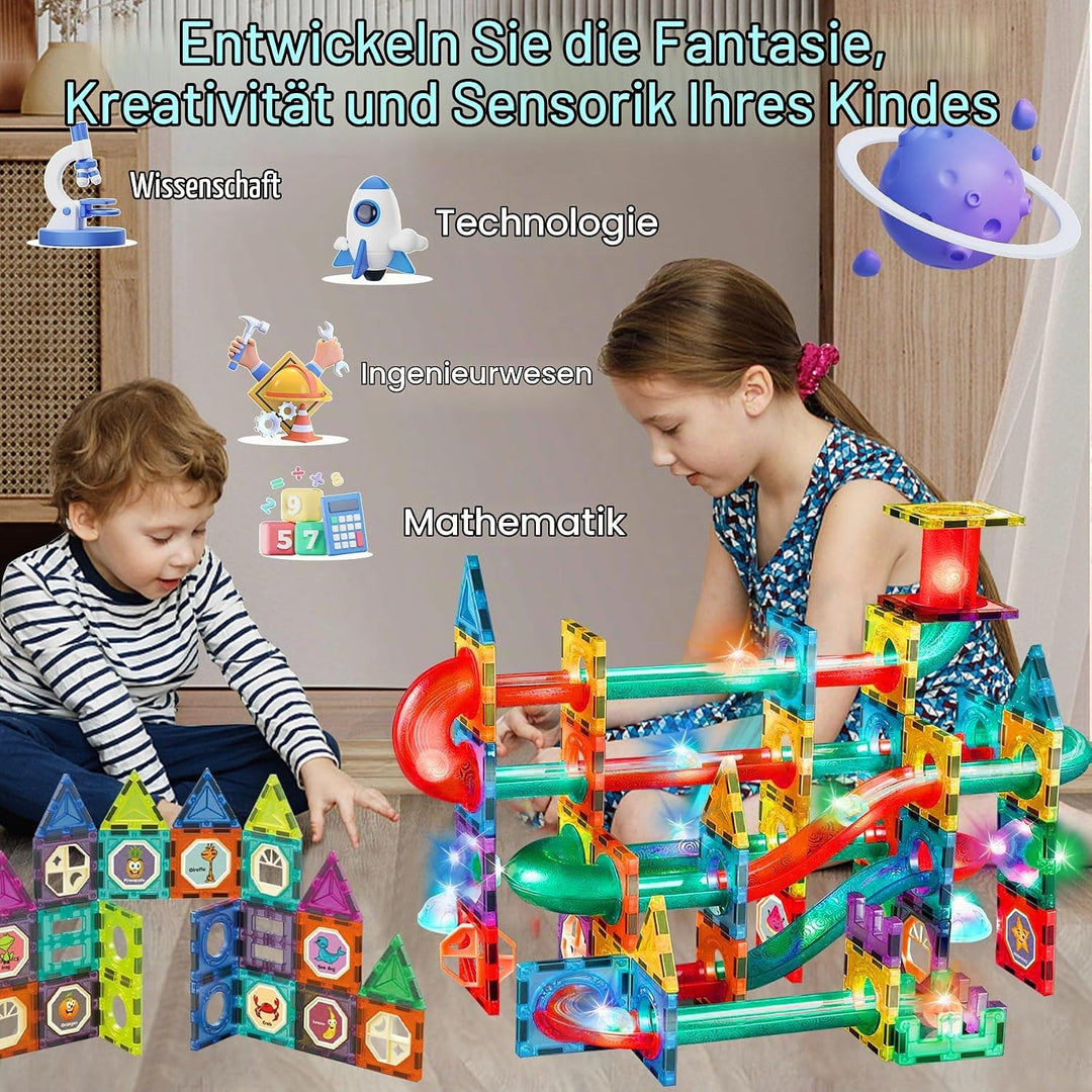 Magnetische Bausteine 75 Stück Murmelbahn Magnete Kinder, Magnetic Bauklötze Baukasten Spielzeug ab