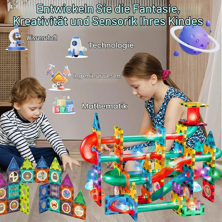 Magnetische Bausteine 75 Stück Murmelbahn Magnete Kinder, Magnetic Bauklötze Baukasten Spielzeug ab