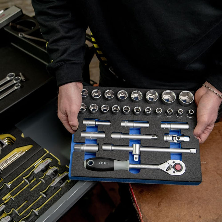 1/2" Steckschlüssel Set mit Ratsche und Sechskant Nuss Set 29 teilig | WGB Schaumstoffeinlage Werkze
