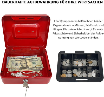 Stahlkassette mit Schlüsselschloss, Metall-Geldkassette mit Geldfach, Geldaufbewahrungsbox mit absch