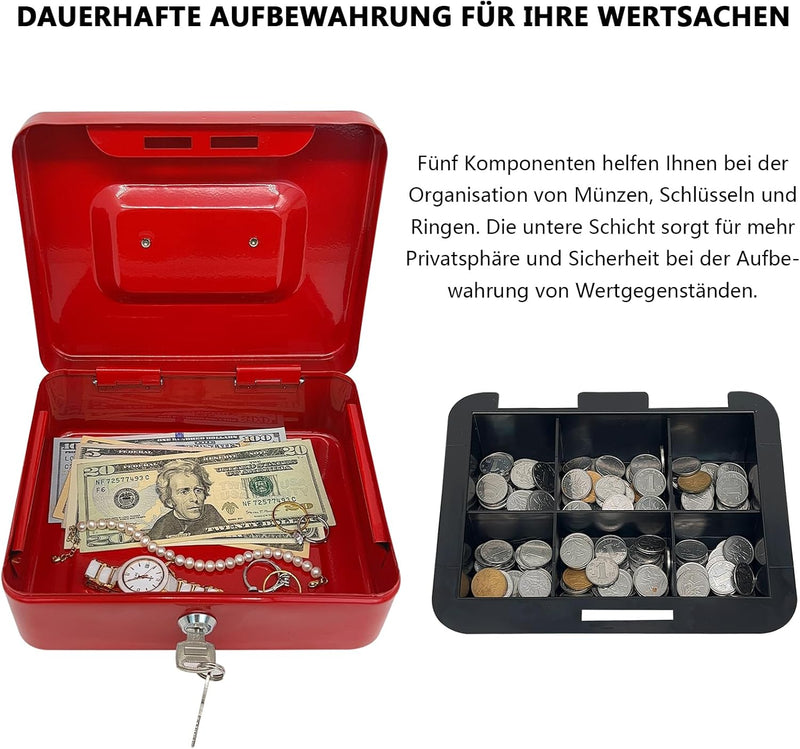 Stahlkassette mit Schlüsselschloss, Metall-Geldkassette mit Geldfach, Geldaufbewahrungsbox mit absch