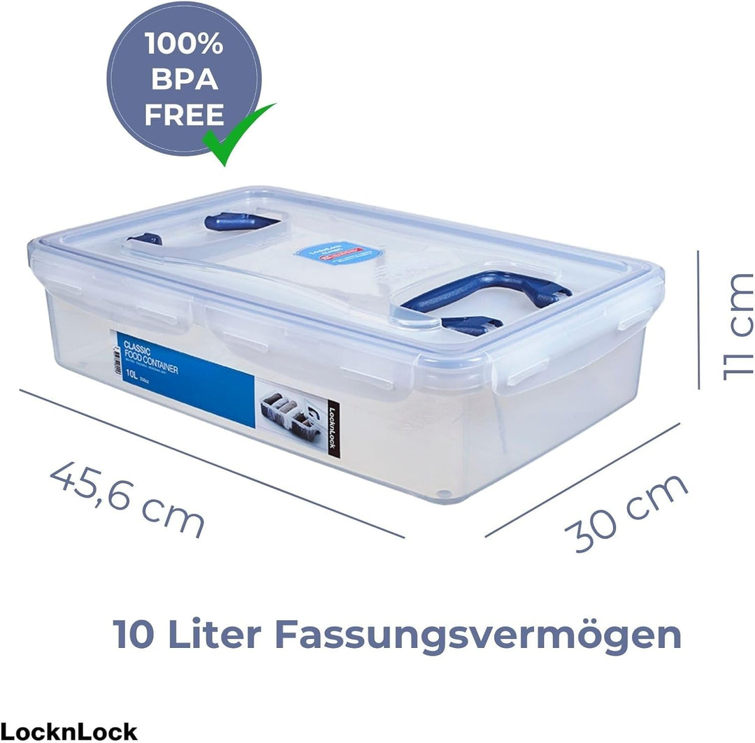 LocknLock PP CLASSIC Aufbewahrungsbox mit Deckel und Griffen | 10 L, 456 x 300 x 110 mm | 100 % Luft