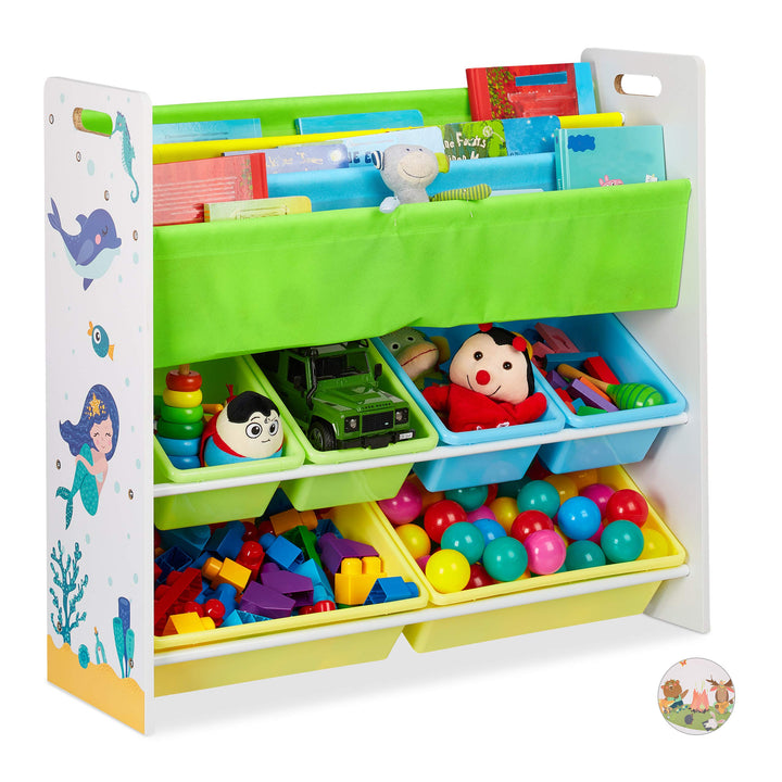 Relaxdays Kinderregal, 6 Boxen, 4 Stofffächer, Meerjungfrau Kindermotiv, Spielzeugregal HxBxT: 78 x