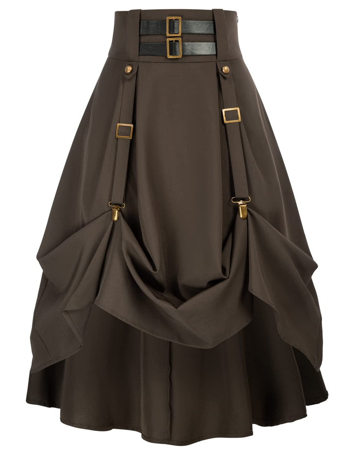 SCARLET DARKNESS Damen Mittelalter Rock Steampunk Knielang mit Schnalle und Riemen Gothic Rock Pirat