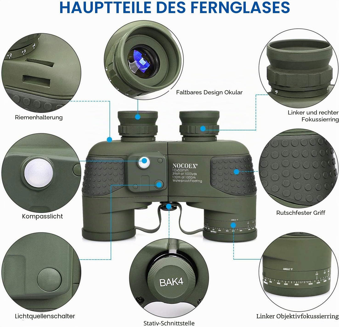NOCOEX 10x50 Marine Fernglas,Fernglas mit Nachtsicht Entfernungsmesser und Kompass，wasserdichte Funk