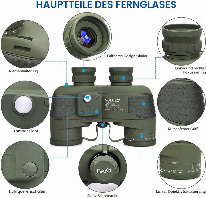 NOCOEX 10x50 Marine Fernglas,Fernglas mit Nachtsicht Entfernungsmesser und Kompass，wasserdichte Funk