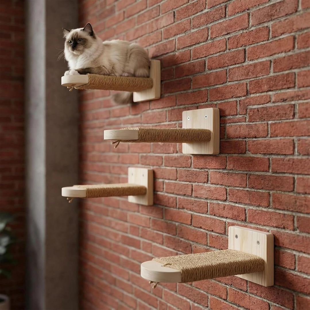 4 Stück Katzentreppe Wand: Holz Katzen Kletterwand aus Massives Gummiholz, Katzenleiter Set, Katzenw