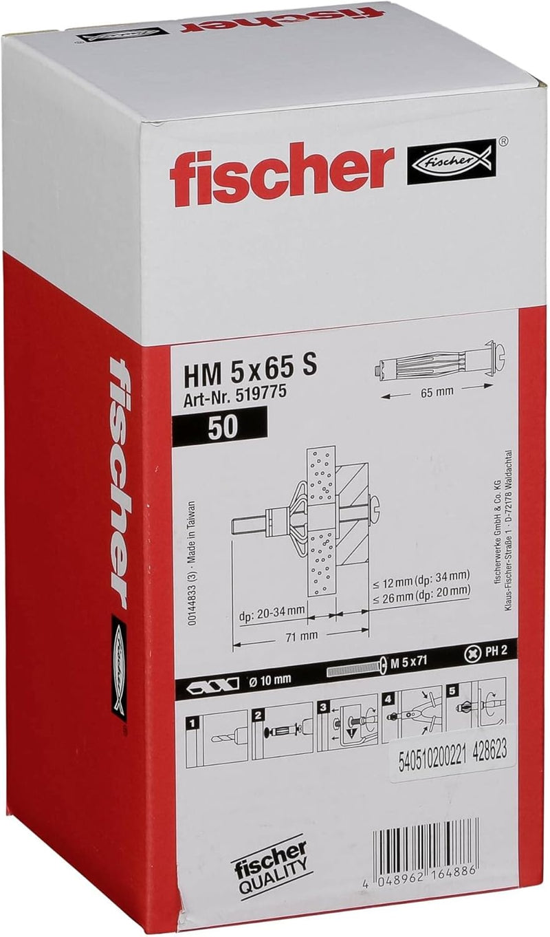 fischer HM 5 x 65 S - Hohlraum-Metalldübel mit Schraube zum Befestigen von Bildern, Gardinenschienen