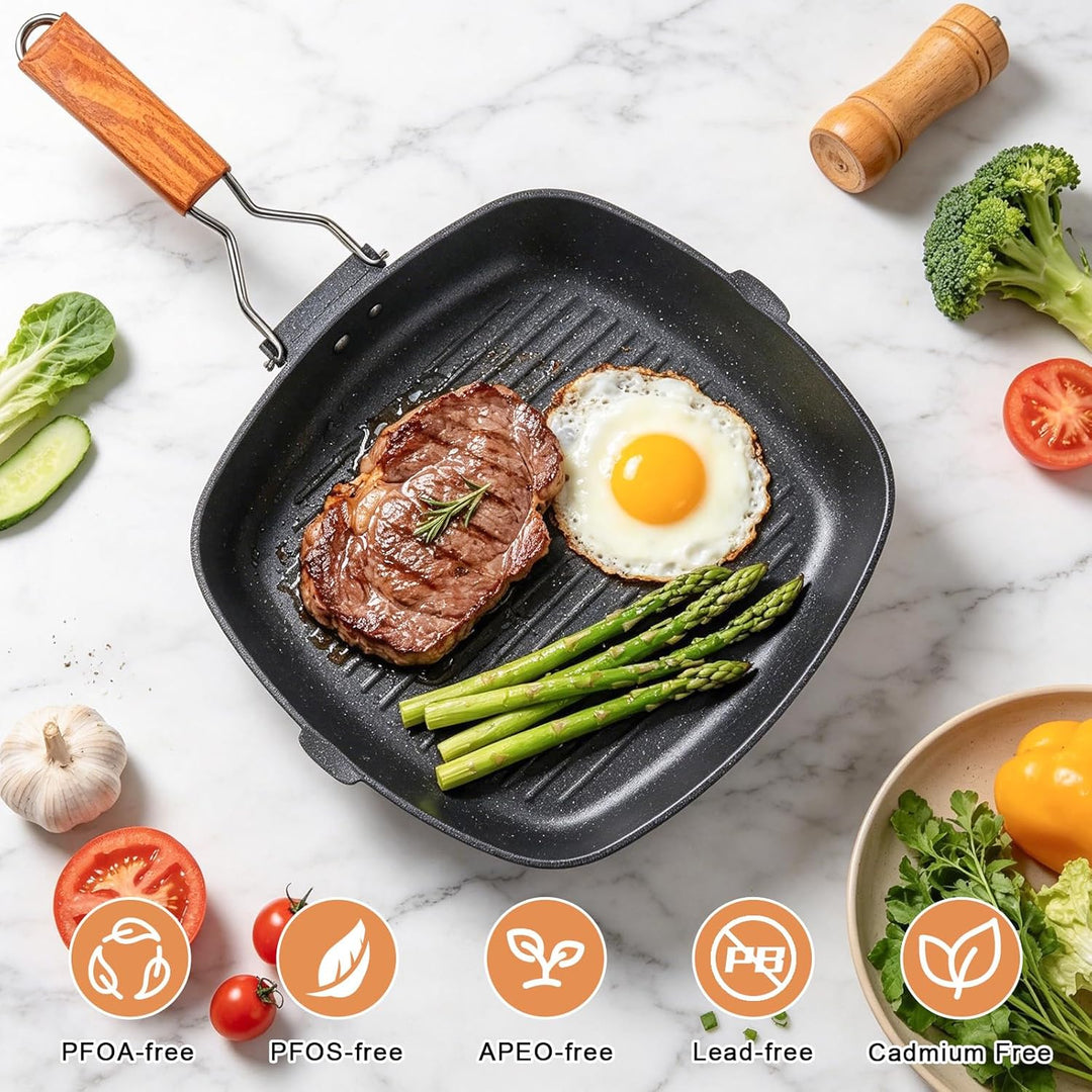 Grillpfanne Induktion, 28 x 28 CM Steakpfanne, Grillpfanne Gusseisen, Antihaft-Grillpfannes Mit Klap