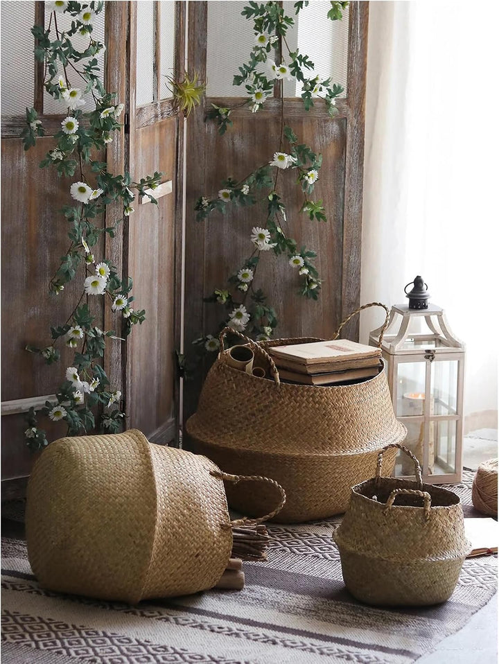 GOODCHANCEUK 3er Set Wäschekorb Faltbar Seegras Blumenkorb Handgewebt Blumen Stroh Korb für Pflanze