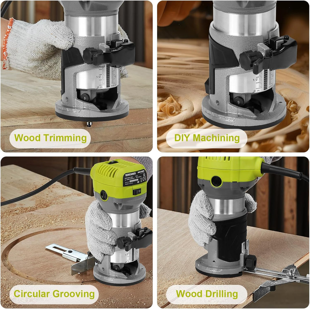 DEWINNER Router 710W Edge Router 13000-33000 RPM 6 Speed Levels 3 Clamps 1/4" and 8mm Professional L