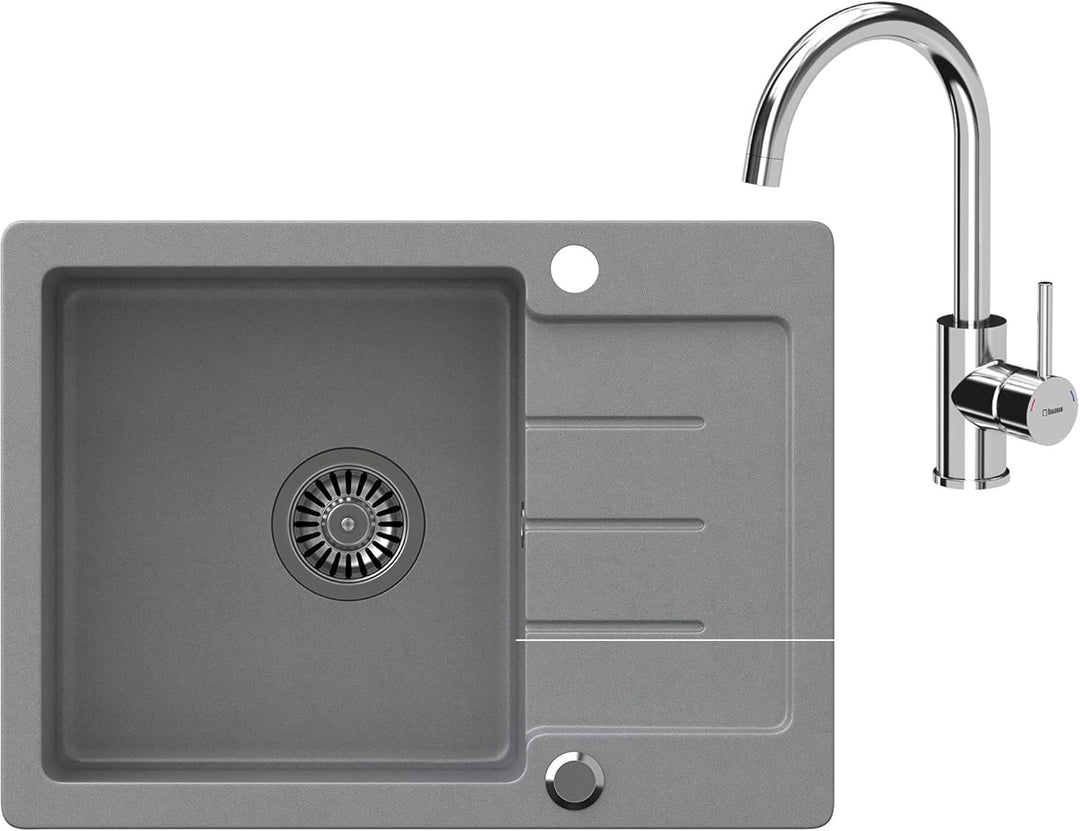 VBChome Spülbecken mit Armatur 60 x 44 cm Grau Einzelbecken Einbauspüle gesprenkelt reversibel Verbu