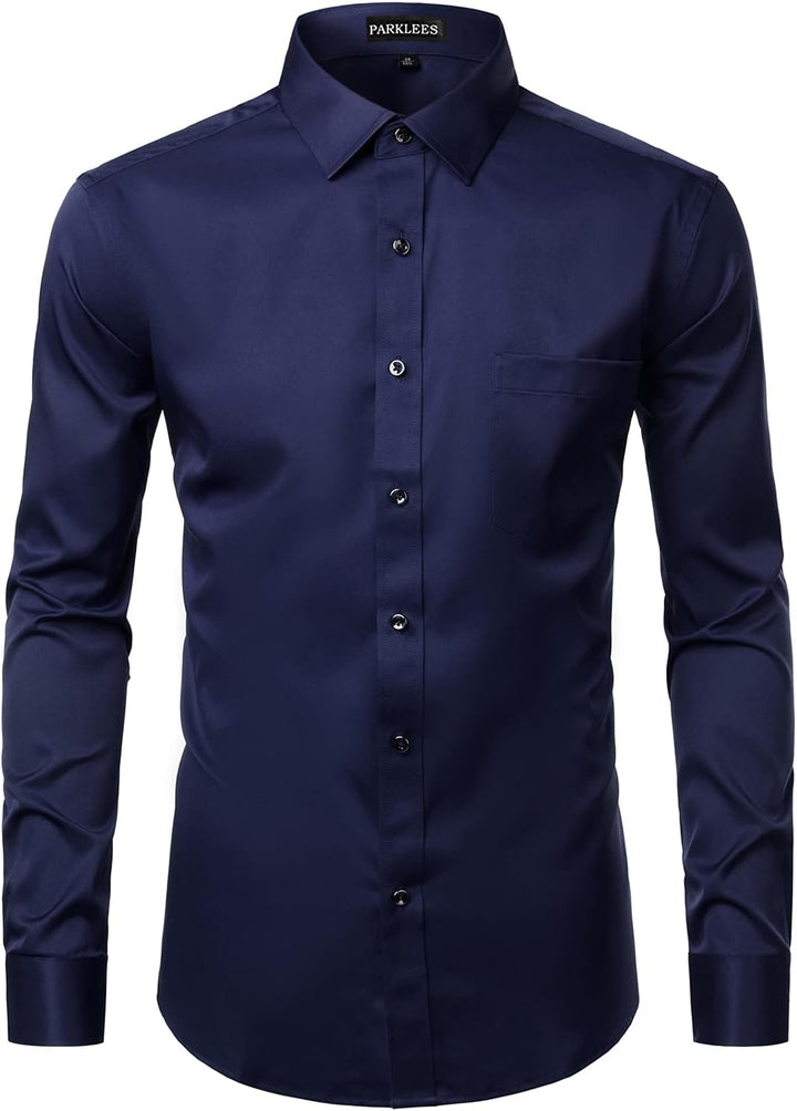 PARKLEES Herren Tailliert Freizeit Langarm Hemd Businesshemd für Hochzeit Business L Navy, L Navy