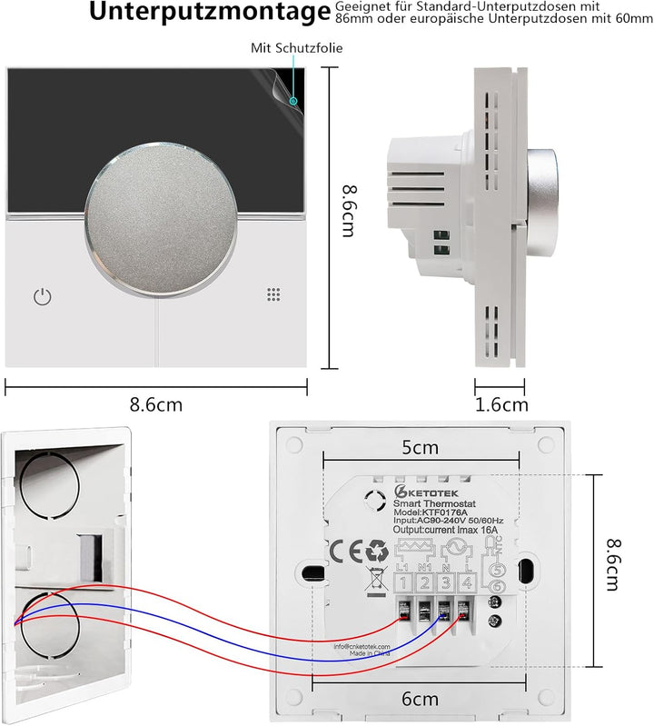 KETOTEK Smart Elektrisches Heizungsthermostat 16A, Digital WLAN Raumthermostat Für Elektrische Fussb