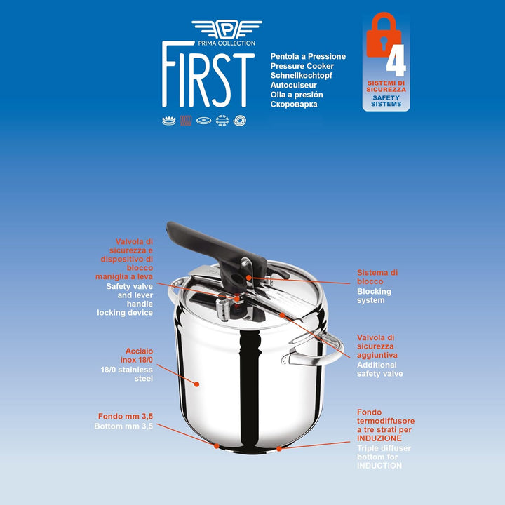 Pintinox First Schnellkochtopf aus nickelfreiem Edelstahl, induktionsgeeignet, mit 4 Sicherheitssyst