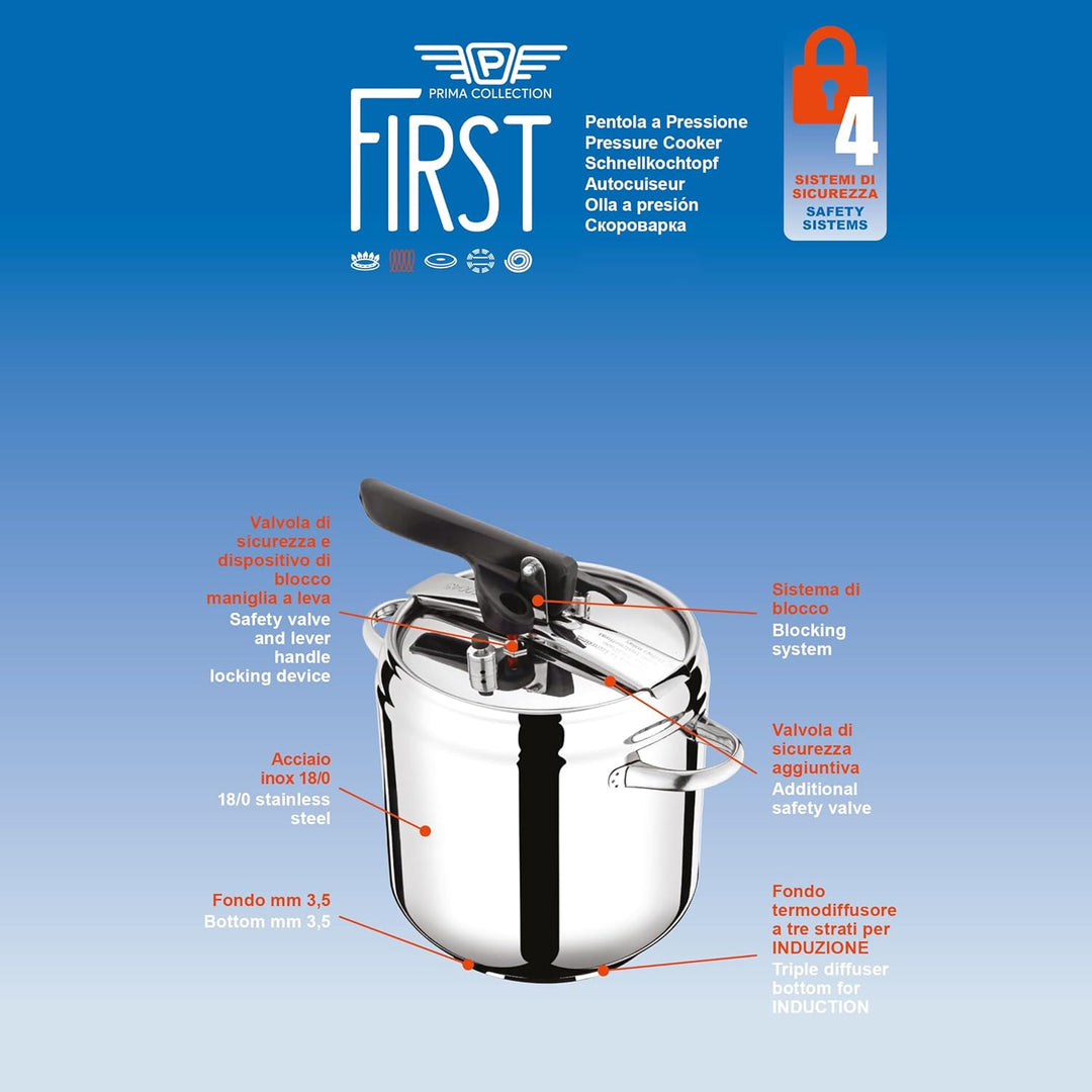 Pintinox First Schnellkochtopf aus nickelfreiem Edelstahl, induktionsgeeignet, mit 4 Sicherheitssyst