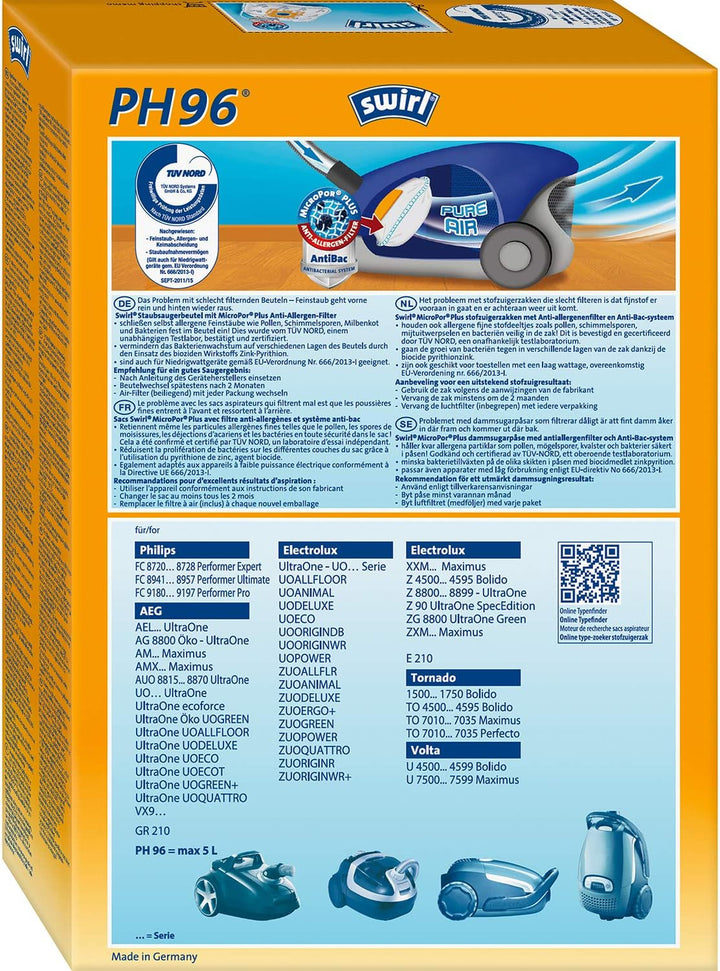 Swirl PH 96 MicroPor Plus Staubsaugerbeutel für AEG, Electrolux, Volta Staubsauger, Anti-Allergen-Fi