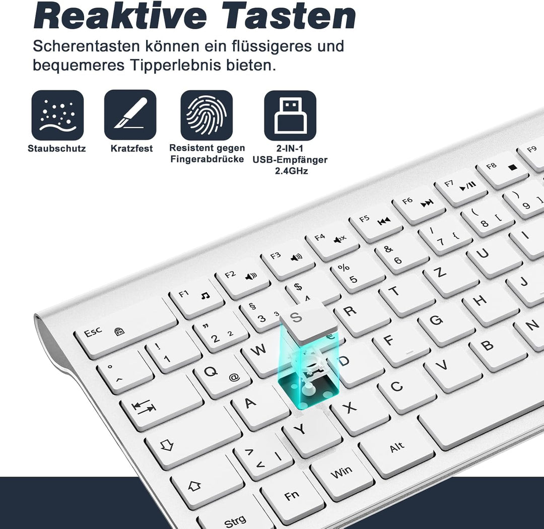 cimetech Tastatur Maus Set Kabellos, Ultra-Dünne Wiederaufladbare Kabellose Tastatur und Maus Ergono