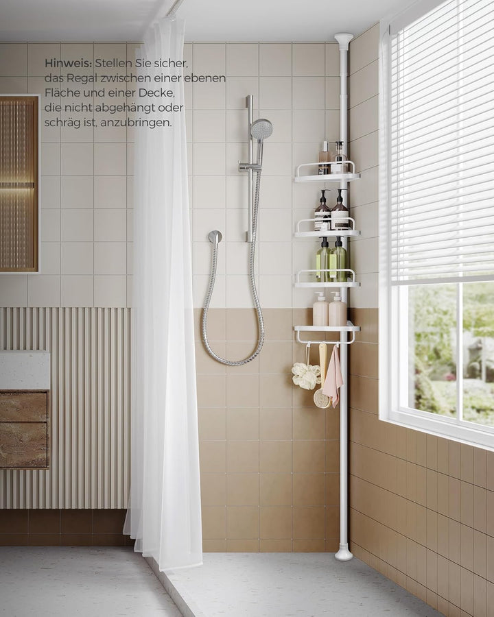 SONGMICS 85-305 cm Duschregal für Badezimmer mit Teleskoprohren und 4 Ablagen BCB001A Weiss/Flyaway
