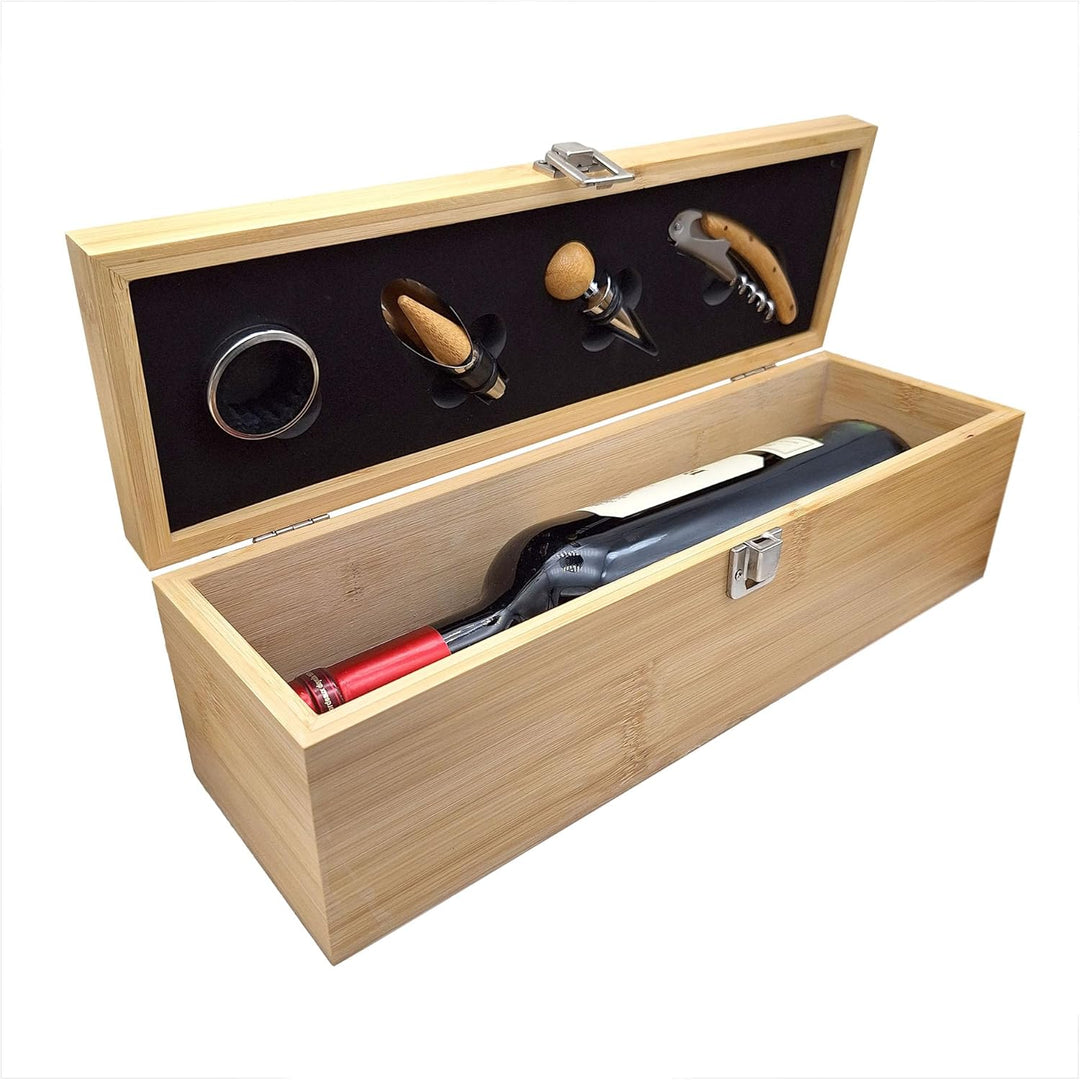 GREEN NOVICE ® Bambus Weinbox mit Wein-Zubehörset – Exklusives Geschenkset mit Flaschenöffner, Tropf