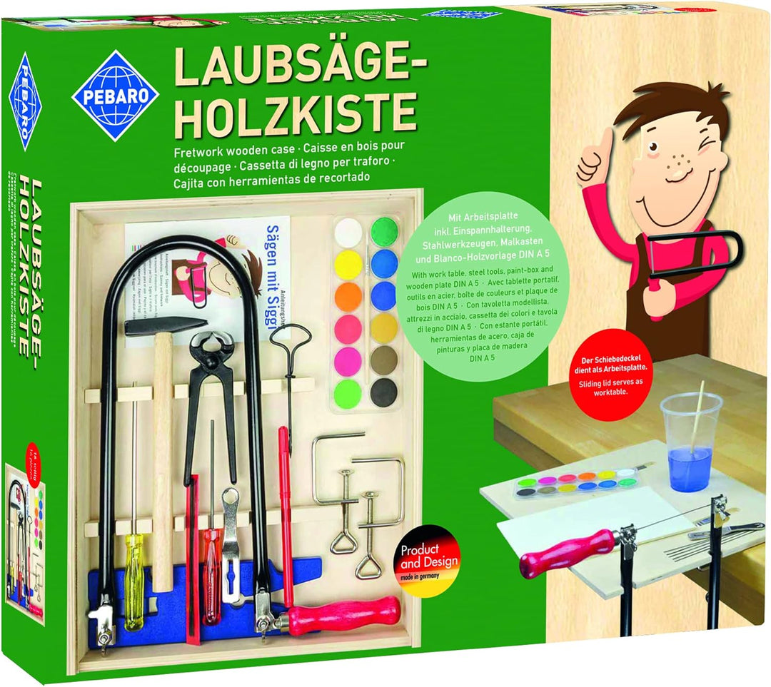 Pebaro 429S Laubsäge-Holzkiste mit Farbkasten, 22 Teile, komplettes Set im Holzschrank, Stahlwerkzeu