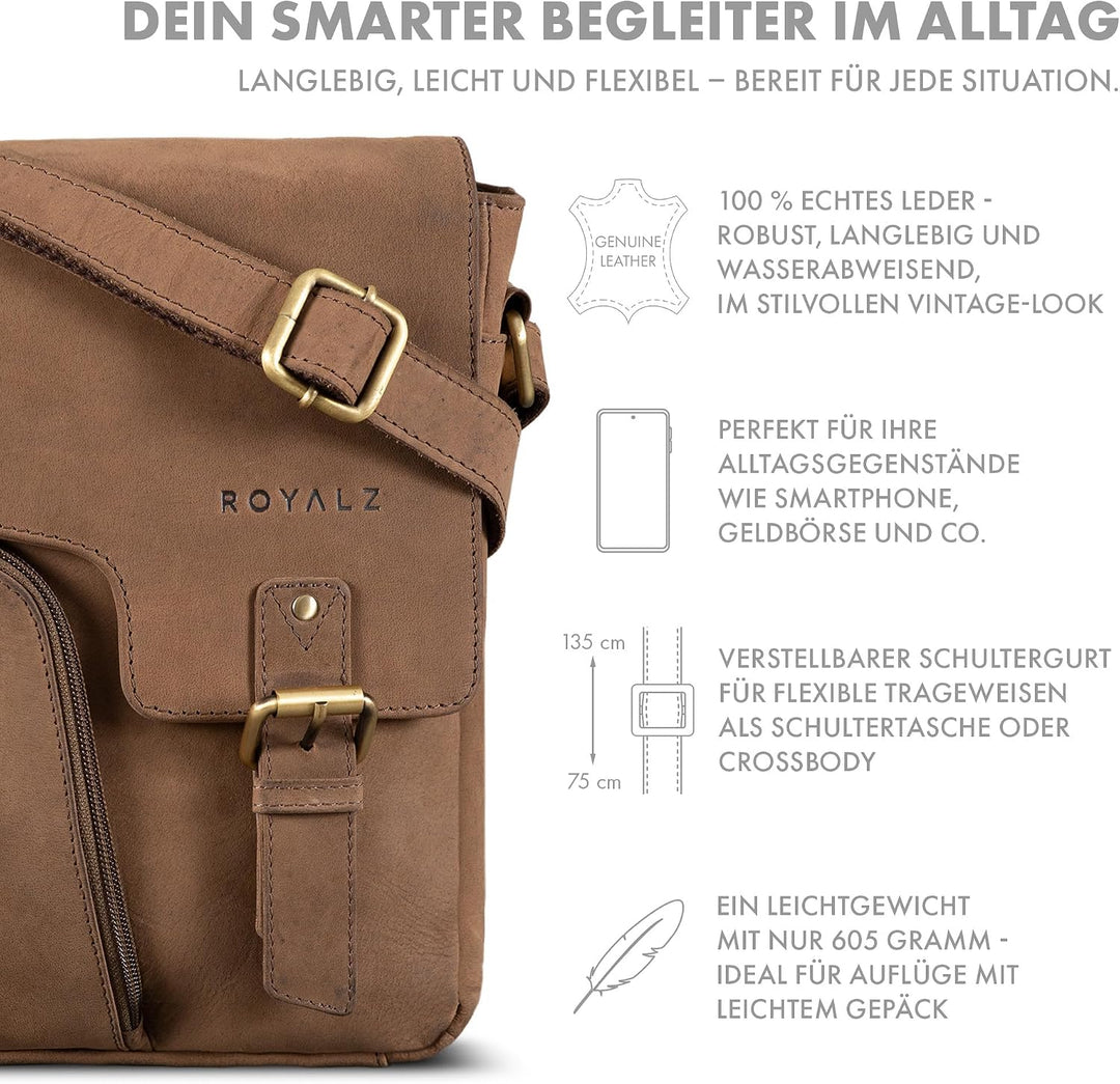 ROYALZ "Denver Moderne Vintage Umhängetasche Herren klein Leder - kleine Schultertasche aus Echtlede