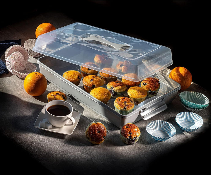 KADAX Kuchenbox mit Deckel, 44 x 30 x 12,5 cm, Kuchenbehälter aus Kunststoff, Transport-Box mit Grif